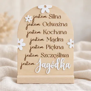 Drewniana tabliczka z afirmacjami i imieniem – stokrotki, 17 × 21 cm