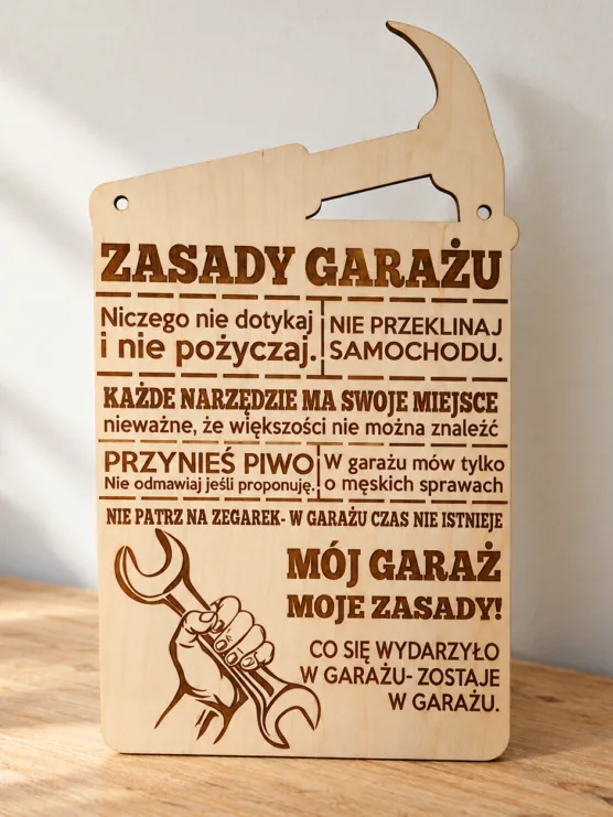 Drewniana tabliczka Zasady garażu w kształcie młotka – 23 × 40 cm