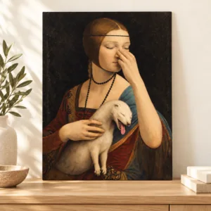 Obraz „Dama z łasiczką zatyka nos” – humor do łazienki, 30 × 40 cm