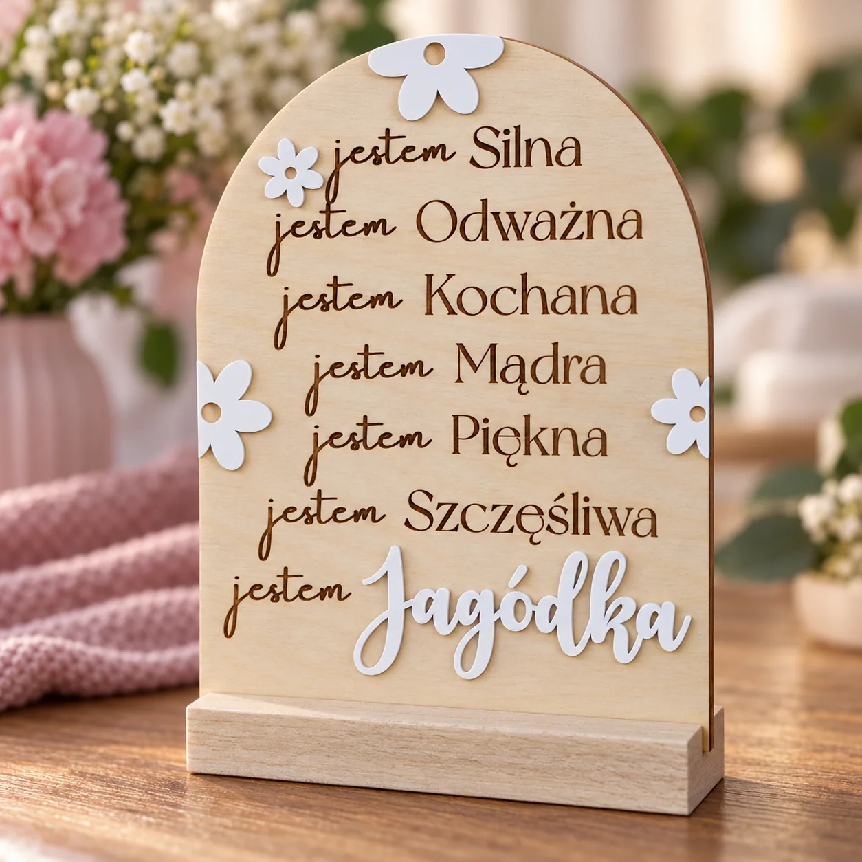 Drewniana tabliczka z afirmacjami i imieniem – stokrotki, 17 × 21 cm - obrazek 3