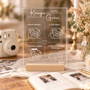 Tabliczka z instrukcją Instax do księgi gości – plexi z drewnianą podstawką, 16 × 23 cm