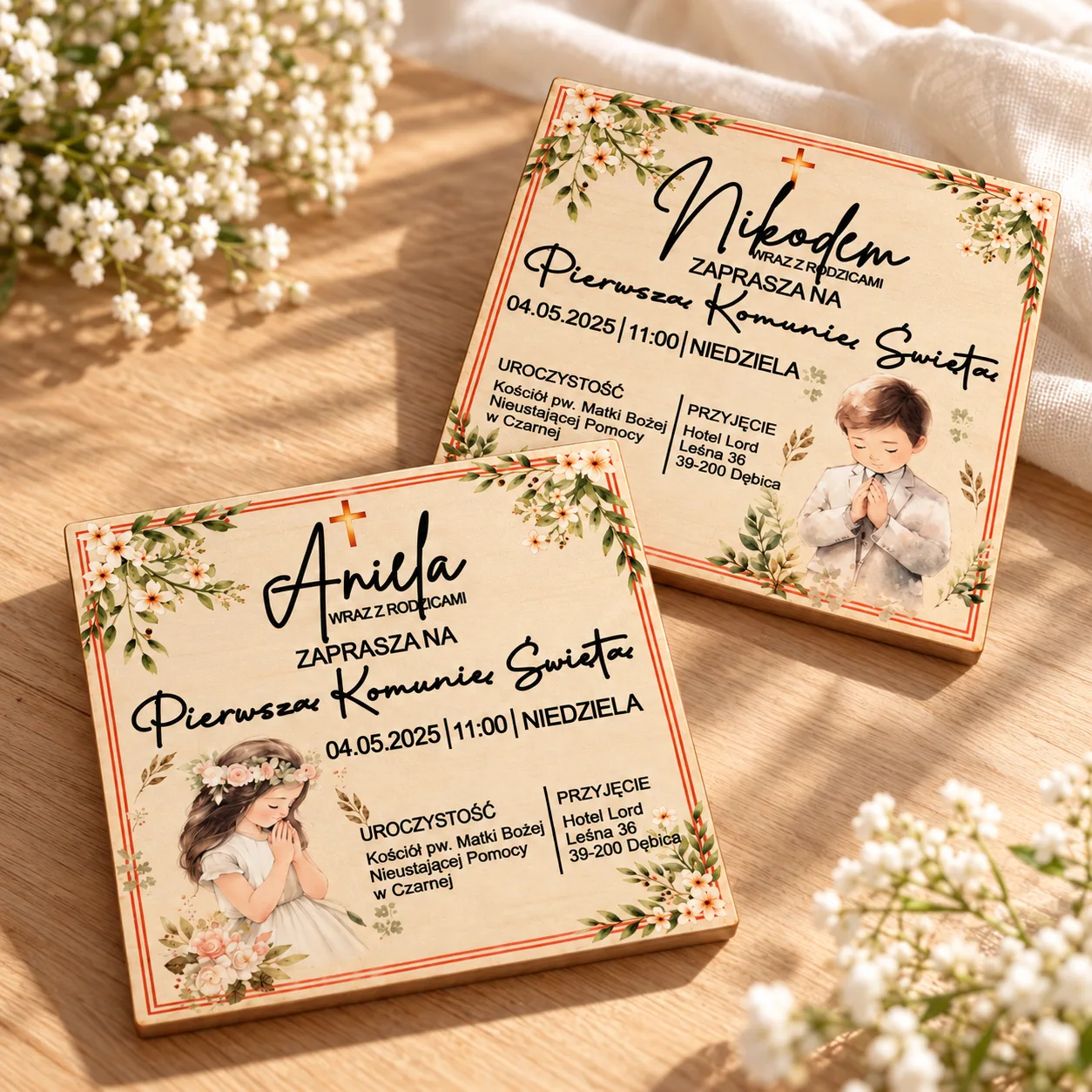 Drewniane zaproszenie na Komunię Świętą z kopertą – personalizowane, 14 × 14 cm - obrazek 3