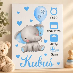 Metryczka na płótnie ze słonikiem i balonikiem – niebieska, 30 × 40 cm
