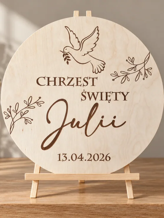 Drewniane koło na Chrzest Święty z imieniem i datą – 45 cm – zdjęcie produktu