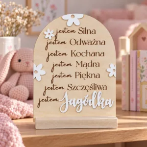 Drewniana tabliczka z afirmacjami i imieniem – stokrotki, 17 × 21 cm