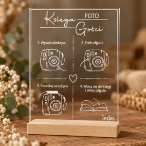 Tabliczka z instrukcją Instax do księgi gości – plexi z drewnianą podstawką, 16 × 23 cm