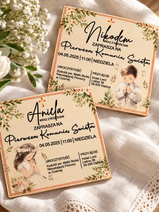 Drewniane zaproszenie na Komunię Świętą z kopertą – personalizowane, 14 × 14 cm