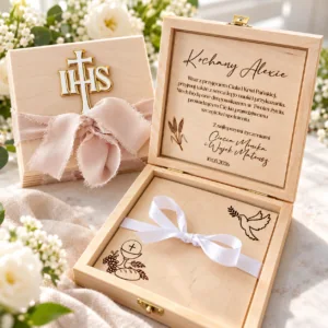 Drewniane pudełko komunijne na pieniądze z grawerem – IHS lub Gołąbek