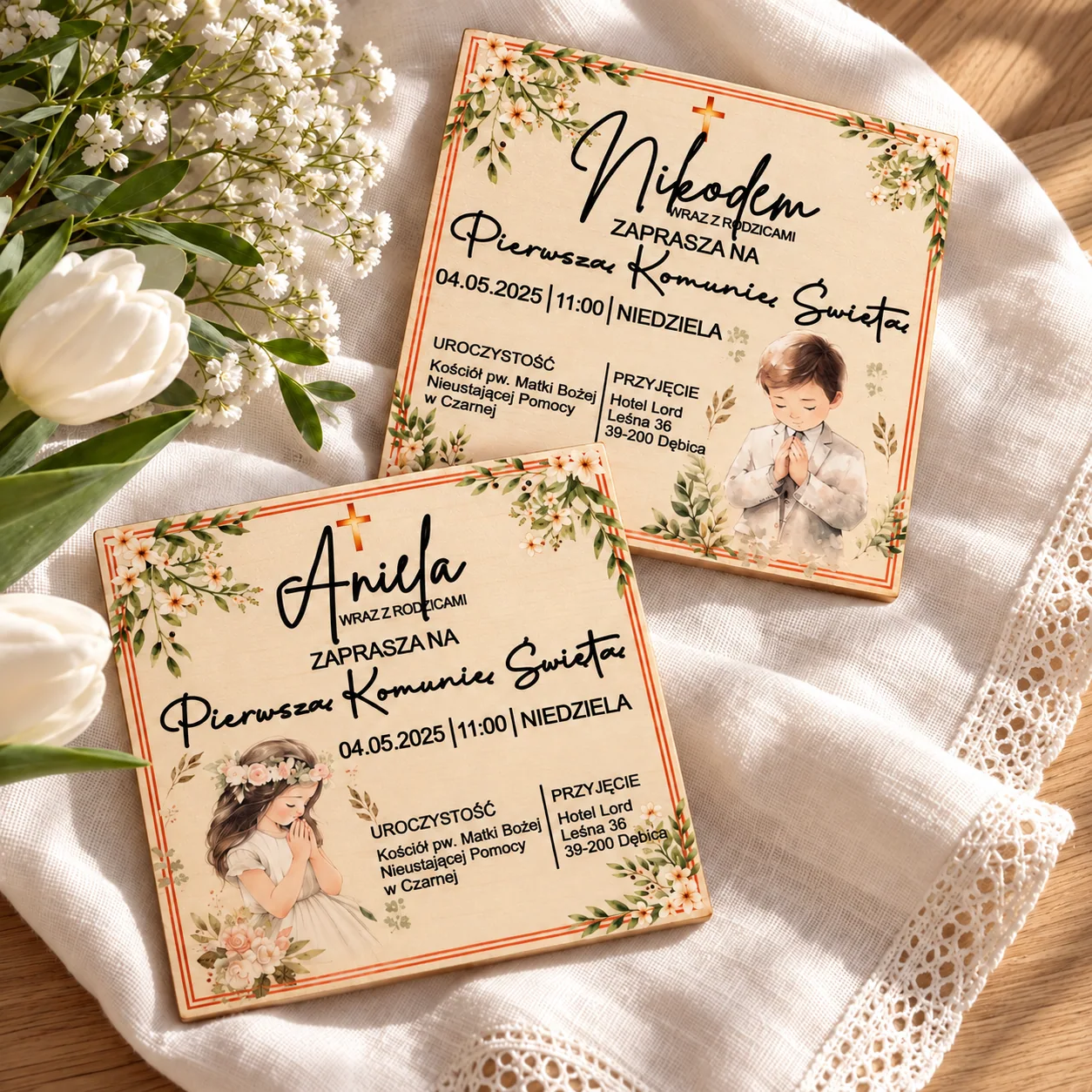 Drewniane zaproszenie na Komunię Świętą z kopertą – personalizowane, 14 × 14 cm - obrazek 2