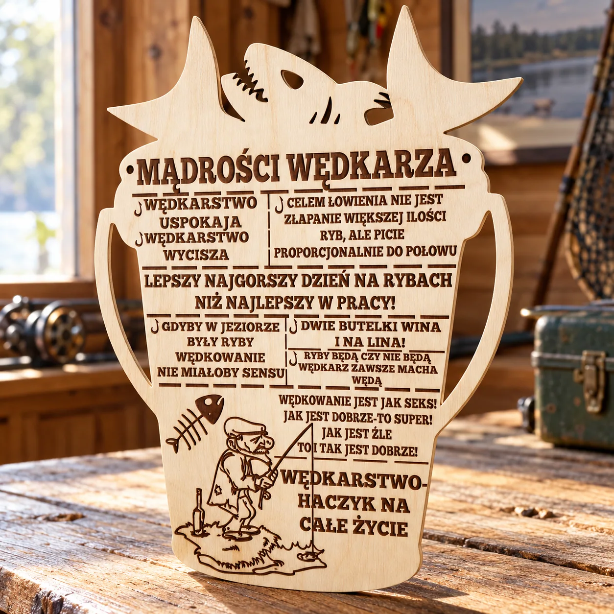 Drewniana tabliczka „Mądrości wędkarza” – prezent dla wędkarza, 26 × 40 cm - obrazek 3