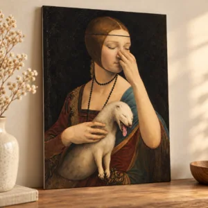 Obraz „Dama z łasiczką zatyka nos” – humor do łazienki, 30 × 40 cm