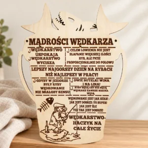 Drewniana tabliczka „Mądrości wędkarza” – prezent dla wędkarza, 26 × 40 cm