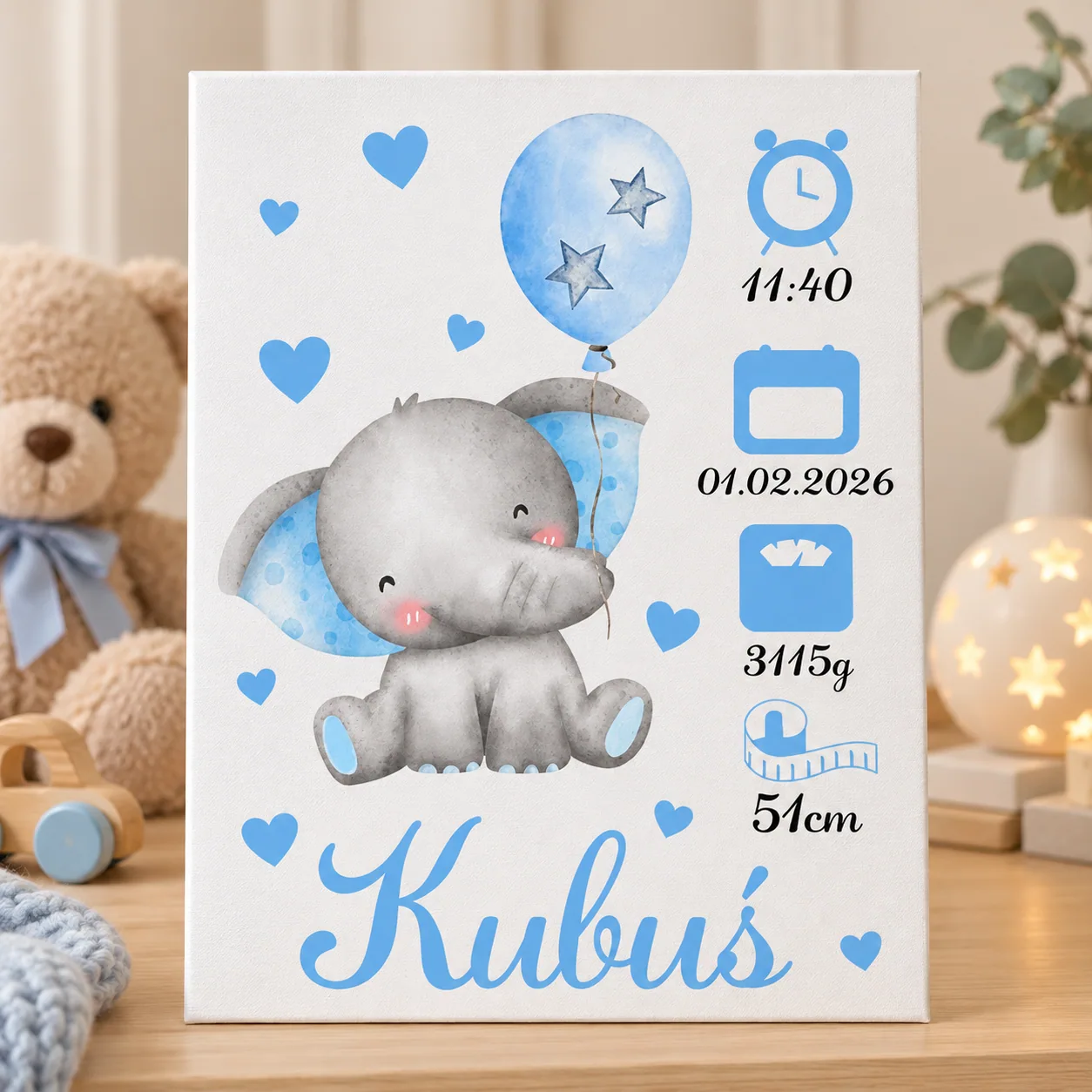 Metryczka na płótnie ze słonikiem i balonikiem – niebieska, 30 × 40 cm - obrazek 2