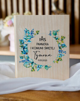 Pamiątka Komunii Świętej szkatułka na Biblię eukaliptus