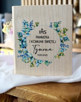 Pamiątka Komunii Świętej szkatułka na Biblię eukaliptus