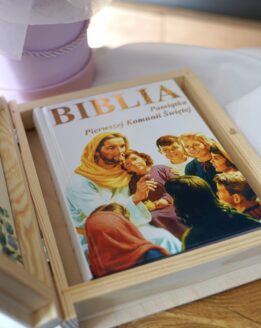 Pamiątka Komunii Świętej szkatułka na Biblię eukaliptus