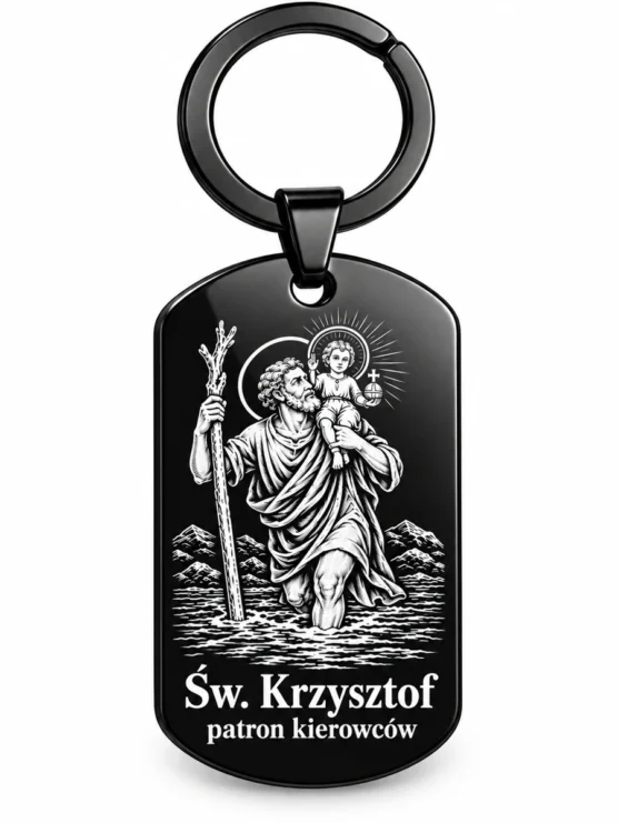 Brelok metalowy św. Krzysztof, patron kierowców – czarny — produkt na białym tle