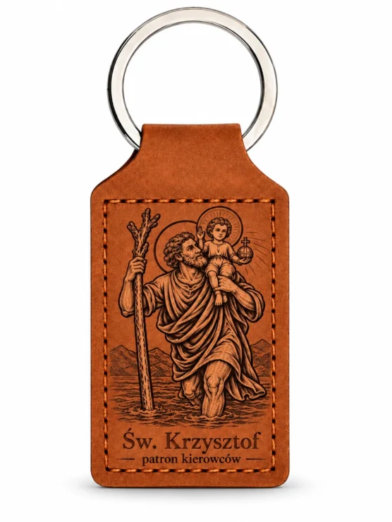 Brelok skórzany św. Krzysztof, patron kierowców – brązowy — produkt na białym tle