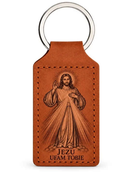 Brelok skórzany „Jezu ufam Tobie” – brązowy — produkt na białym tle