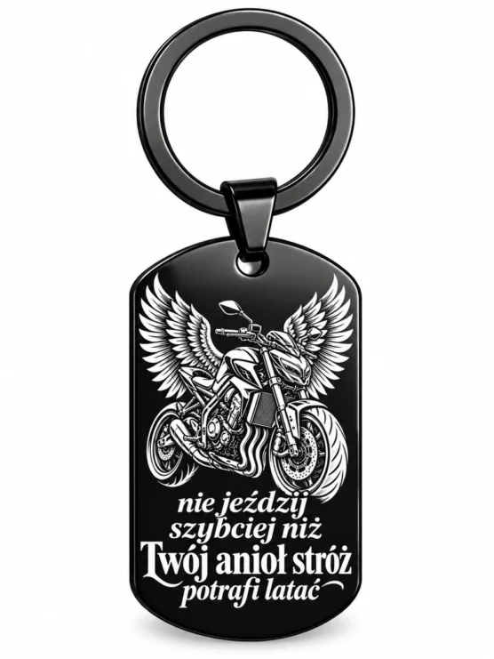 Brelok dla motocyklisty „Anioł stróż” – czarny — produkt na białym tle